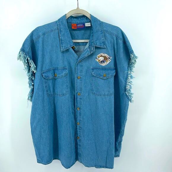 Vintage Galveston Bike Week motorcycle denim cutoff sleeveless button up shirt - Picture 1 of 7